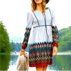 Sahalie Boho Southwestern Embroidered tribal print Pullover Dress gray XS